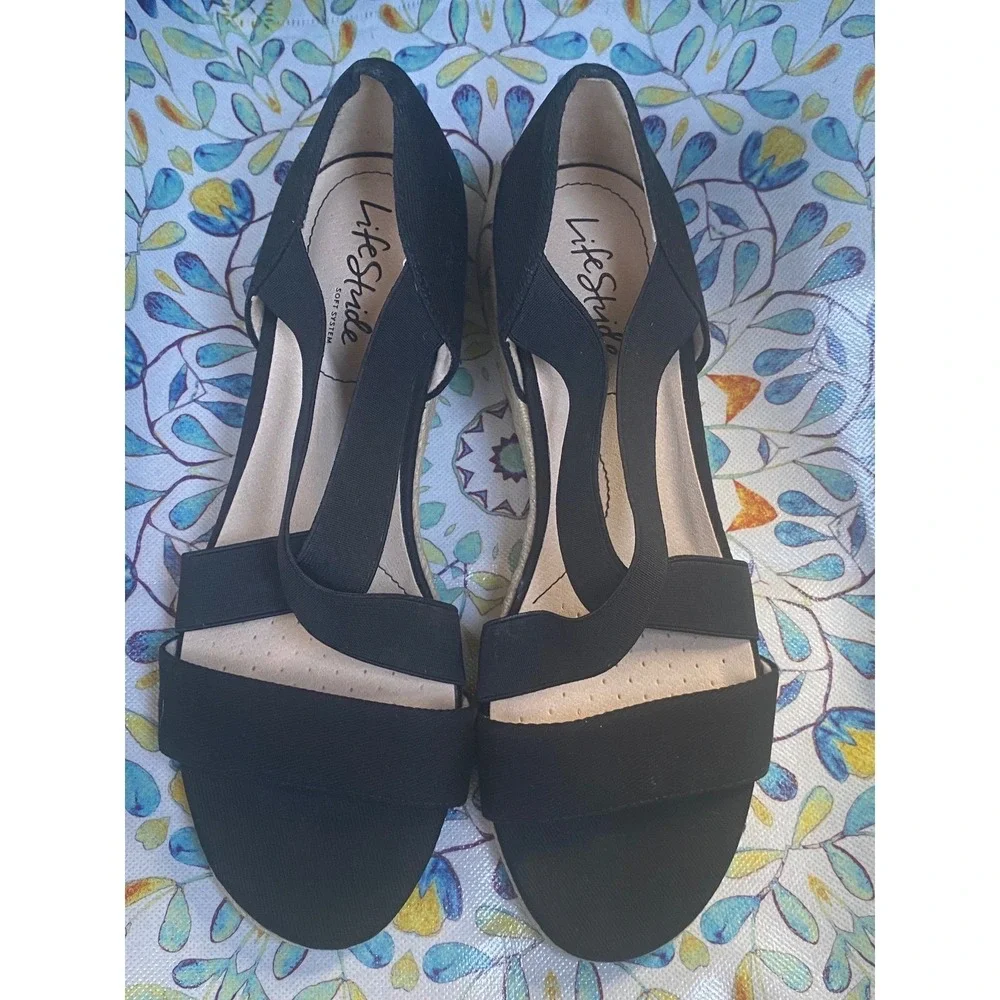 LifeStride Soft System Wedge Sandals Womens 10M Black NWOT Espadrille‎ Strappy